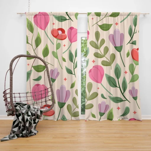 Cute Red Pink Tulips Flowers Design Curtain