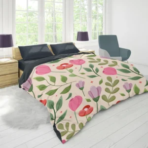 Cute Red Pink Tulips Flowers Design Duvet Cover 1