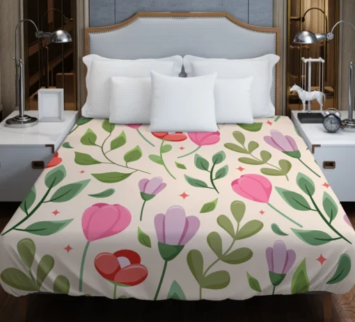 Cute Red Pink Tulips Flowers Design Duvet Cover