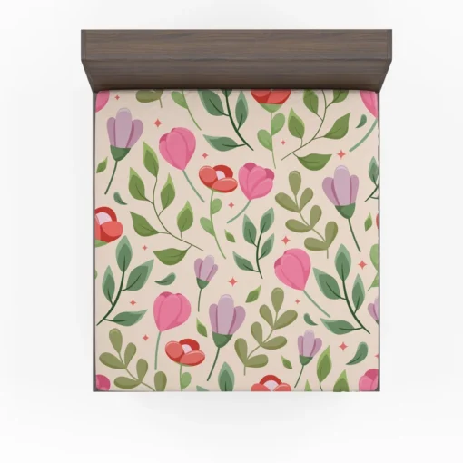 Cute Red Pink Tulips Flowers Design Fitted Sheet