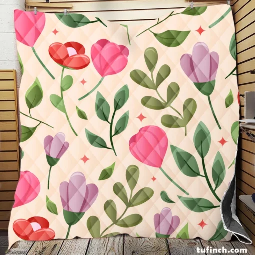 Cute Red Pink Tulips Flowers Design Quilt Blanket