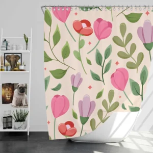 Cute Red Pink Tulips Flowers Design Shower Curtain