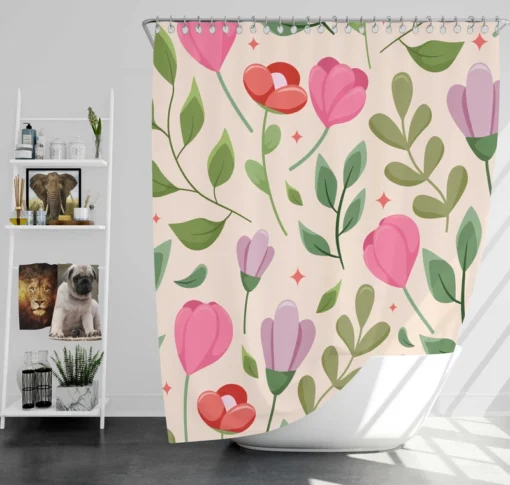 Cute Red Pink Tulips Flowers Design Shower Curtain