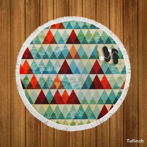 Cypress Pattern Green Red Orange Triangle Round Beach Towel