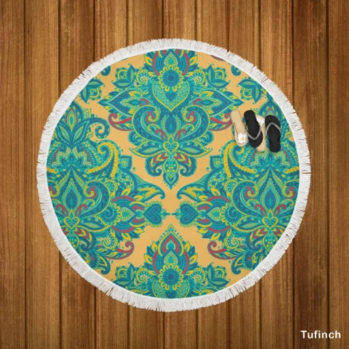 Damask Vintage Baroque Pattern Round Beach Towel