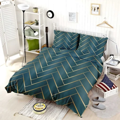 Dark Blue And Gold Modern Design Bedding Set