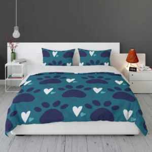 Dark Blue Cat Paw Print With Love Bedding Set 1