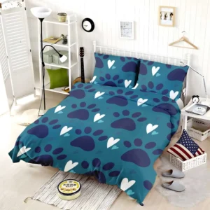 Dark Blue Cat Paw Print With Love Bedding Set