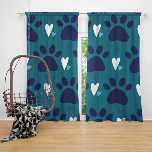 Dark Blue Cat Paw Print With Love Curtain