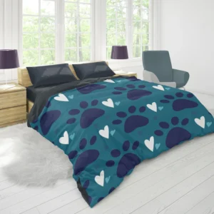 Dark Blue Cat Paw Print With Love Duvet Cover 1