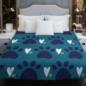 Dark Blue Cat Paw Print With Love Duvet Cover