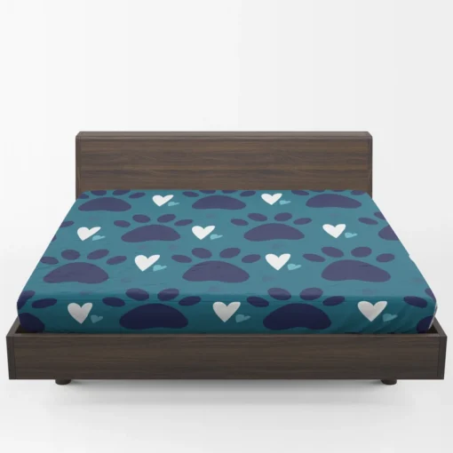 Dark Blue Cat Paw Print With Love Fitted Sheet 1