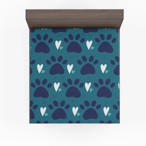 Dark Blue Cat Paw Print With Love Fitted Sheet