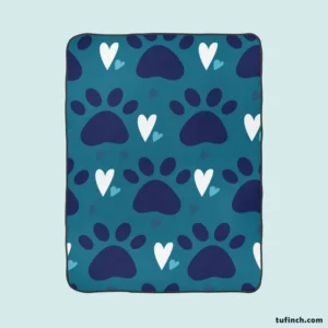 Dark Blue Cat Paw Print With Love Fleece Blanket 1