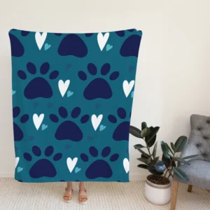 Dark Blue Cat Paw Print With Love Fleece Blanket