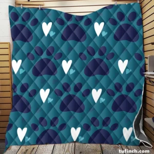 Dark Blue Cat Paw Print With Love Quilt Blanket