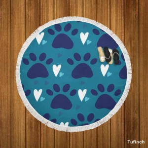 Dark Blue Cat Paw Print With Love Round Beach Towel