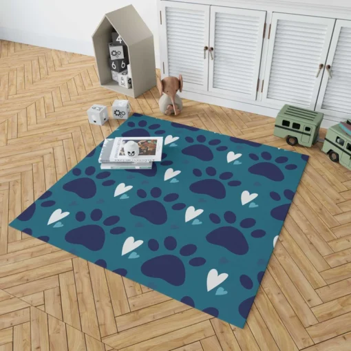 Dark Blue Cat Paw Print With Love Rug 1