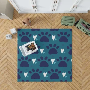 Dark Blue Cat Paw Print With Love Rug