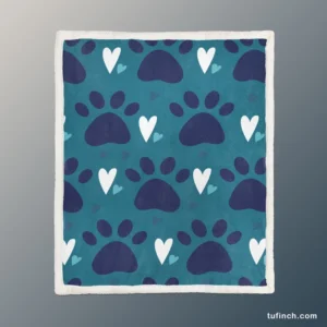 Dark Blue Cat Paw Print With Love Sherpa Fleece Blanket 1