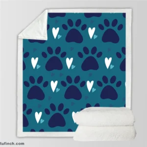 Dark Blue Cat Paw Print With Love Sherpa Fleece Blanket