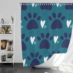 Dark Blue Cat Paw Print With Love Shower Curtain