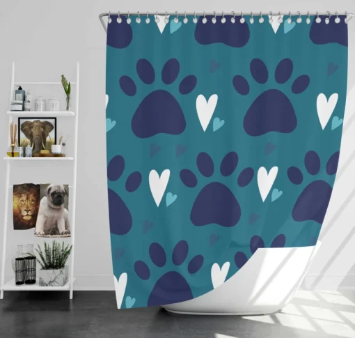 Dark Blue Cat Paw Print With Love Shower Curtain