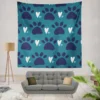 Dark Blue Cat Paw Print With Love Wall Tapestry