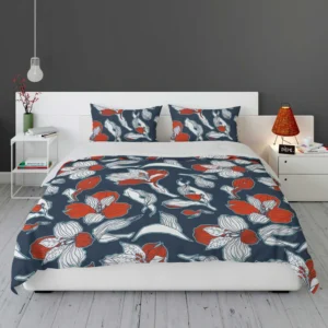 Dark Blue & Red Floral Alstroemeria Design Bedding Set 1