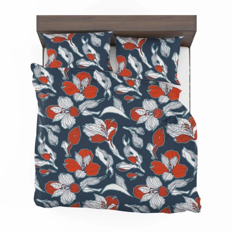 Dark Blue & Red Floral Alstroemeria Design Bedding Set 2