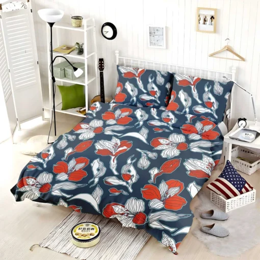 Dark Blue & Red Floral Alstroemeria Design Bedding Set