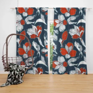 Dark Blue & Red Floral Alstroemeria Design Curtain