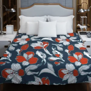 Dark Blue & Red Floral Alstroemeria Design Duvet Cover