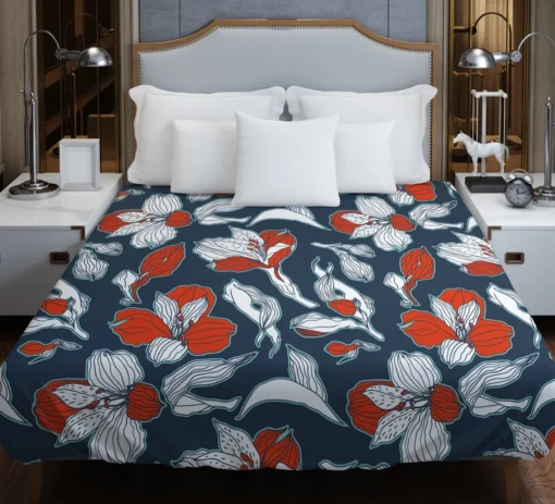 Dark Blue & Red Floral Alstroemeria Design Duvet Cover