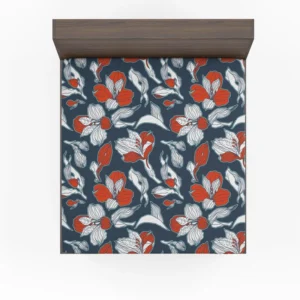 Dark Blue & Red Floral Alstroemeria Design Fitted Sheet