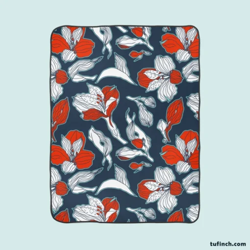 Dark Blue & Red Floral Alstroemeria Design Fleece Blanket 1