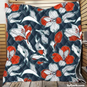 Dark Blue & Red Floral Alstroemeria Design Quilt Blanket