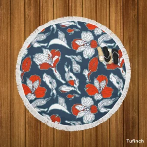 Dark Blue & Red Floral Alstroemeria Design Round Beach Towel