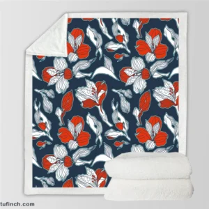 Dark Blue & Red Floral Alstroemeria Design Sherpa Fleece Blanket