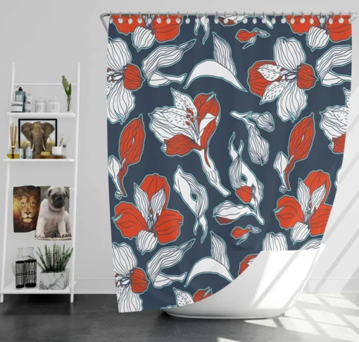 Dark Blue & Red Floral Alstroemeria Design Shower Curtain