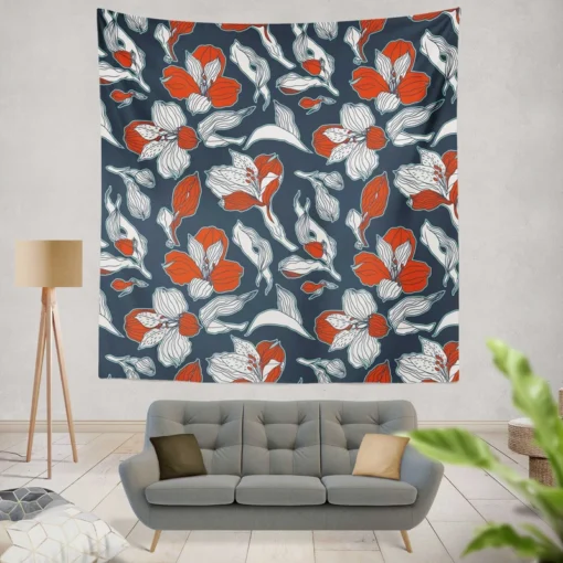 Dark Blue & Red Floral Alstroemeria Design Wall Tapestry