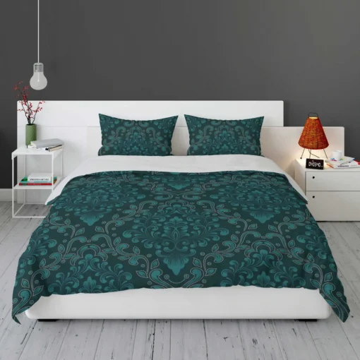 Dark Pine Green Damask Pattern Bedding Set 1