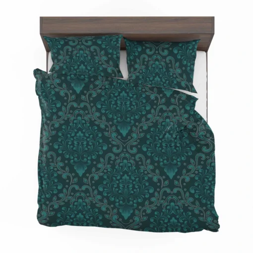 Dark Pine Green Damask Pattern Bedding Set 2