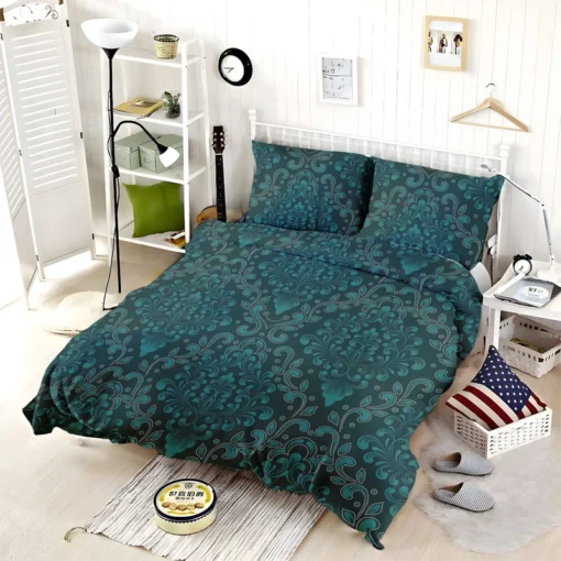 Dark Pine Green Damask Pattern Bedding Set