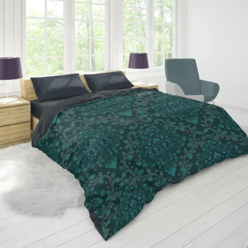 Dark Pine Green Damask Pattern Duvet Cover 1