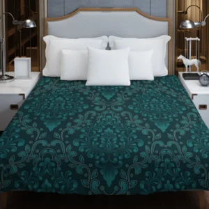 Dark Pine Green Damask Pattern Duvet Cover