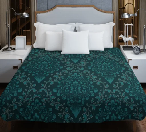 Dark Pine Green Damask Pattern Duvet Cover