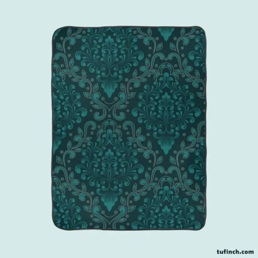 Dark Pine Green Damask Pattern Fleece Blanket 1