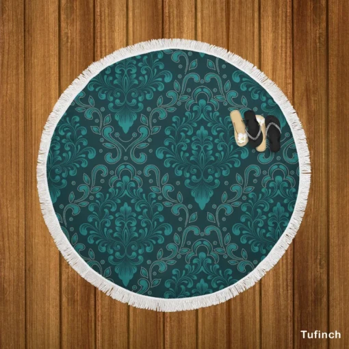 Dark Pine Green Damask Pattern Round Beach Towel