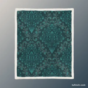 Dark Pine Green Damask Pattern Sherpa Fleece Blanket 1